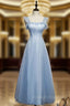 A Line Blue Tulle Straps Ankle Length Prom Dresses