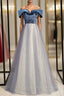 A Line Blue Tulle Velvet Off the Shoulder Beading Prom Dress