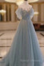 A Line Blue with Lace Applique Prom Dresses Long Blue Prom Dresseses