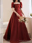 A-Line Bridesmaid Dresses Square Neck Short Sleeve Elegant Floor Length Satin With Pleats