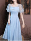 A-Line Bridesmaid Dresses Square Neck Short Sleeve Elegant Knee Length Satin With Buttons / Pleats