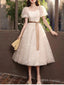 A-Line Bridesmaid Dresses Square Neck Short Sleeve Elegant Tea Length Tulle With Bow(S) / Pleats