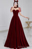 A line Burgundy Evening Party Dress Velvet Long Prom Dress