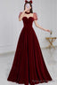 A line Burgundy Prom Prom Dress Velvet Long Prom Dress