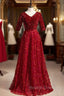 A Line Burgundy Lace Sequins V Neck Short Sleeve Prom Dress
