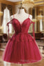 A-Line Burgundy Lace Short Prom Dress, Burgundy Puffy Homecoming Dresses