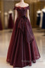 A-Line Burgundy Organza Burgundy Long Prom Dress, Burgundy Long Evening Dress