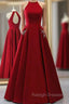 A Line Burgundy Satin Halter Open Back Prom Dress With Pocket