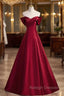 A Line Burgundy Satin Off the Shoulder Pleats Prom Dress