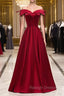 A Line Burgundy Satin Off the Shoulder Prom Dress