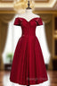 A Line Burgundy Satin Off the Shoulder Short Tea Length Prom Dresses