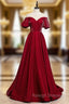A Line Burgundy Satin Puff Sleeve Cold Shoulder Prom Dresses