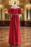 A Line Burgundy Satin Puff Sleeves Long Prom Dresses Burgundy Prom Dresses