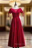 A-Line Burgundy Satin Short Sleeve Beading Prom Dress