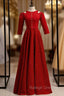 A Line Burgundy Satin Short Sleeve Prom Dress With Pearls
