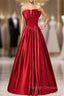 A-Line Burgundy Satin Strapless Pleats Long Prom Dress