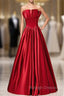 A Line Burgundy Satin Strapless Pleats Long Prom Dress
