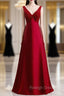 A Line Burgundy Satin V Neck Beading Prom Dress