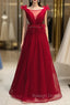 A Line Burgundy Tulle Bateau Pleats Prom Dress With Feather