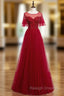 A Line Burgundy Tulle Beading Sequins Long Prom Dresses