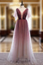 A Line Burgundy Tulle Deep V Neck Pleats Prom Dresses