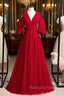 A Line Burgundy Tulle Deep V Neck Prom Dress