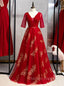 A Line Burgundy Tulle Gold Sequins V Neck Short Sleeve Prom Dress