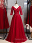 A Line Burgundy Tulle Lace Appliques Short Sleeve Prom Dress
