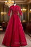 A Line Burgundy Tulle Lace High Neck Short Sleeve Prom Dress