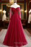 A Line Burgundy Tulle Long Sleeve Backless Prom Dress With Beading