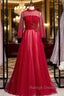 A-Line Burgundy Tulle Long Sleeve Backless Prom Dress