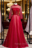 A Line Burgundy Tulle Long Sleeve Backless Prom Dress