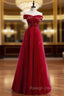 A Line Burgundy Tulle Off the Shoulder Sequins Prom Dresses