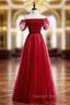 A Line Burgundy Tulle Puff Sleeve Off the Shoulder Prom Dresses