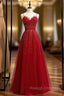 A Line Burgundy Tulle Spaghetti Straps Beading Prom Dresses