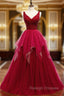 A-Line Burgundy Tulle V-neck Backless Beading Prom Dress