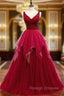 A Line Burgundy Tulle V Neck Backless Beading Prom Dresses
