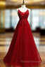 A Line Burgundy Tulle V Neck Embrodiery Prom Dresses
