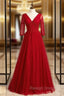 A Line Burgundy Tulle V Neck Short Sleeve Beading Prom Dresses