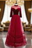 A Line Burgundy Tulle Velvet High Neck Long Sleeve Prom Dresses