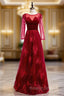 A-Line Burgundy Tulle Velvet Long Sleeve Prom Dress