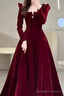 A line Burgundy Velvet Long Prom Dress