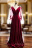 A-Line Burgundy Velvet Long Sleeve V-neck Prom Dress