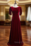 A Line Burgundy Velvet Short Sleeve Pleats Prom Dresses