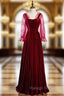 A Line Burgundy Velvet Square Long Sleeve Wave Point Prom Dresses