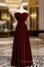 A Line Burgundy Velvet Strapless Prom Dresses Long With Bow