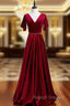 A Line Burgundy Velvet V Neck Beading Sequins Prom Dresses