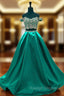 A Line Cap Sleeve Beaded Lace Green Two Piece Prom Dress