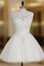 A Line Cap Sleeves Short Mini Organza Crystals Open Back Cocktail Dress