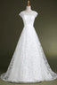 A-Line Cap Sleeves Sweep Train Lace Wedding Dress With Sash
